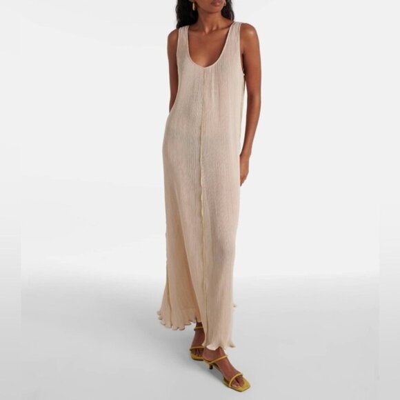 NEW Toteme Plisse Crinkled Scoop-Neck Maxi Dress in Cream Beige | size 32 / US 0 - Picture 1 of 14